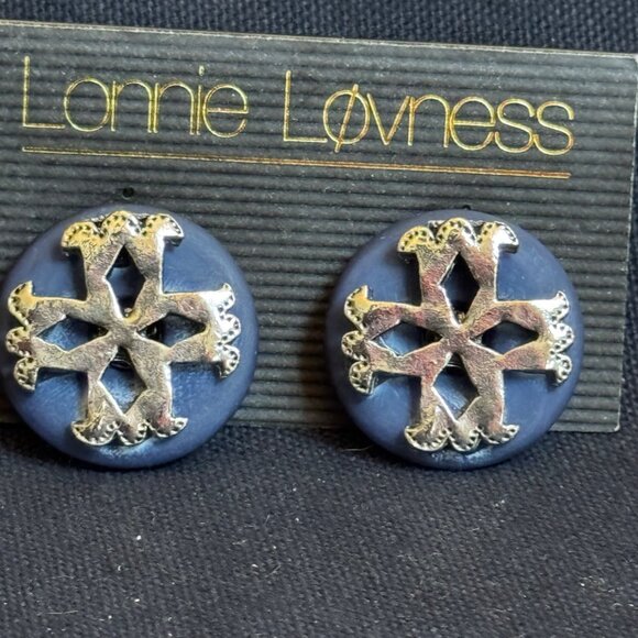LONNIE LOVNESS Vintage Blue Clip-On Earrings Silver-Tone Snowflake Design - Picture 6 of 7